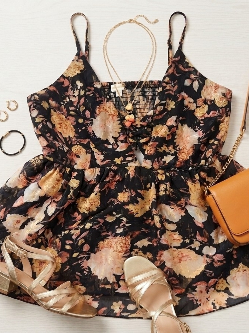 ​A Peach Floral Metallic Babydoll Cami Top | Boho Cinch Front XL